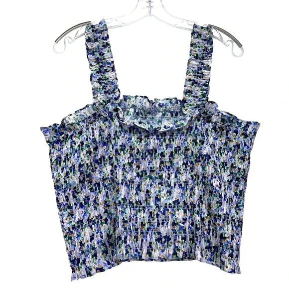 Veronica Beard NWT Averie Tank Top XL Cobalt Floral Smocked Cotton Crop Top - Picture 2 of 6